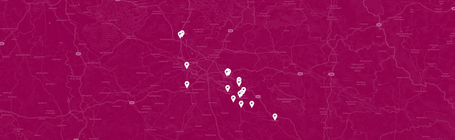 Kartenausschnitt der Region Nürnberg und Neumarkt mit unseren Filialstandorten